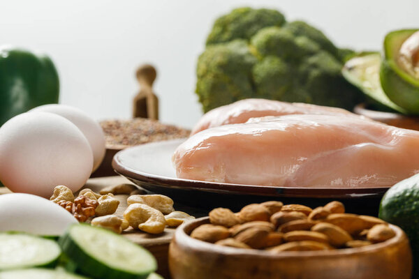 selective focus of raw chicken breasts and eggs isolated on grey, ketogenic diet menu