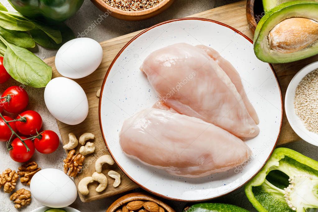 top view of fresh raw chicken breasts on white plate near nuts, eggs and vegetables, ketogenic diet menu