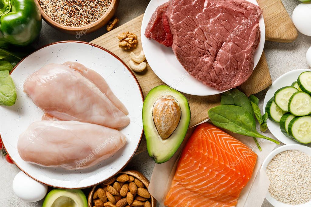 top view of fresh raw salmon, meat and chicken breasts near nuts and vegetables, ketogenic diet menu