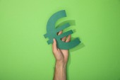 oříznutý pohled muže, který drží symbol měny euro na zelené