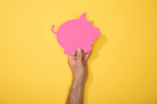 Vista Cortada Homem Segurando Ícone Papel Banco Piggy Rosa Amarelo — Fotografia de Stock