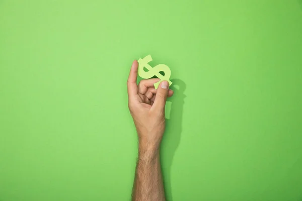 Vista Cortada Homem Segurando Sinal Moeda Dólar Verde — Fotografia de Stock