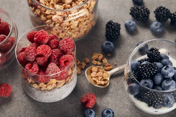 Yogurt Chia Seeds Oat Flakes Raspberries Glass Yogurt Blueberries Marble — Stock Photo, Image