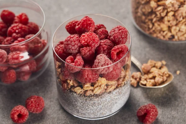 Enfoque Selectivo Sabroso Yogur Con Frambuesas Copos Avena Semillas Chía — Foto de Stock