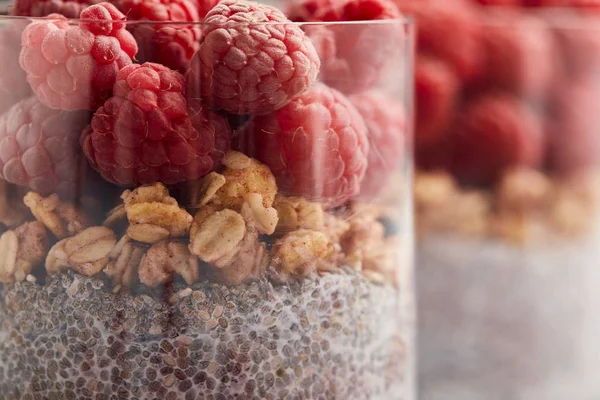 Närbild Välsmakande Yoghurt Med Chia Frön Hallon Och Havreflingor Glas — Stockfoto