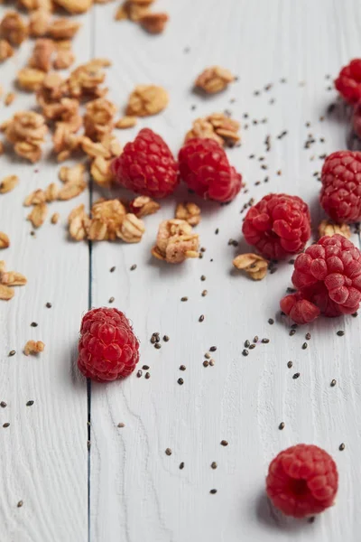 Selective Focus Scattered Raspberries Chia Seeds Oat Flakes White Wooden — Stock Photo, Image