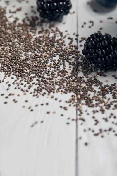 Close View Scattered Chia Seeds Blackberries White Wooden Table — Stock Photo, Image