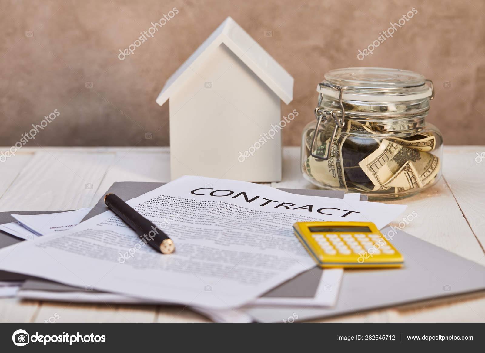 House Model White Wooden Table Contract Calculator Money Brown Textured Stock Photo C Antonmatyukha 282645712