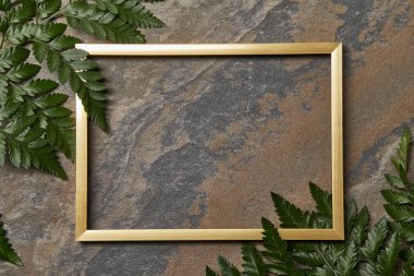 top view of empty golden frame on stone background with copy space and fern leaves clipart