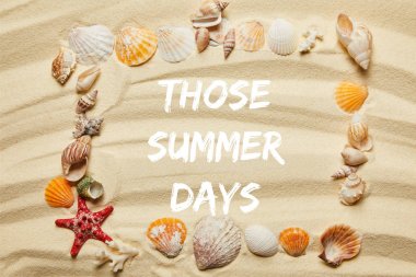 top view of frame with those summer days illustration, seashells, starfish and corals on sandy beach clipart