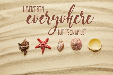 flat lay of seashells and red starfish on sandy beach in summertime with I have not been everywhere, but it is on my list letting clipart