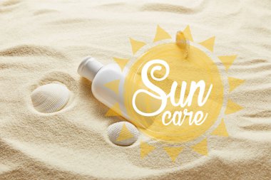 sunscreen in white bottle on sand with seashells and sun care lettering clipart