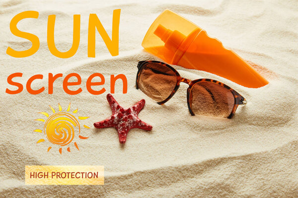 brown stylish sunglasses and sunscreen in orange bottle on sand with starfish and sunscreen, high protection lettering