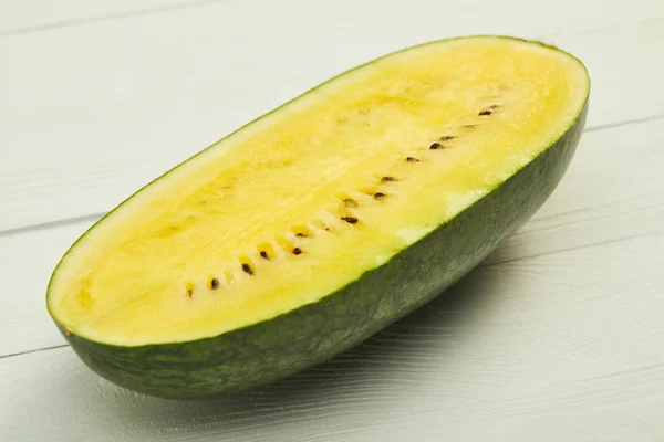 Ripe Juicy Yellow Watermelon Half Wooden White Surface — Stock Photo, Image