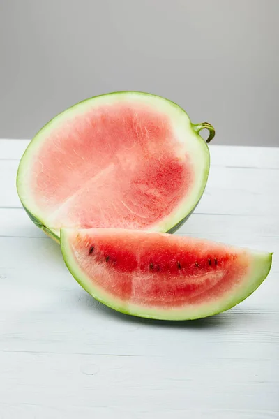 Cut Delicious Red Watermelon Seeds Wooden White Table Isolated Grey — Stock Photo, Image