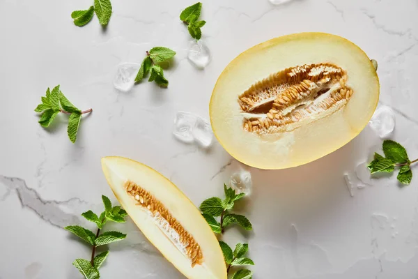 Top View Cut Delicious Melon Seeds Marble Surface Mint Ice — Stock Photo, Image