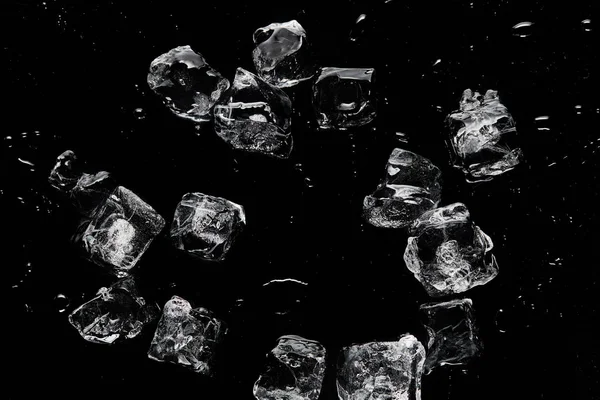 Top View Melting Transparent Refreshing Ice Cubes Isolated Black — Stock Photo, Image