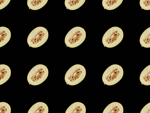 background pattern with delicious ripe melon halves isolated on black