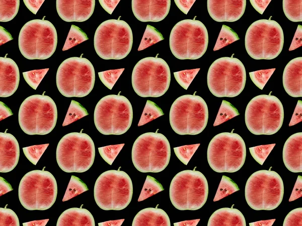 Background Pattern Delicious Red Ripe Watermelon Slices Halves Isolated Black — Stock Photo, Image