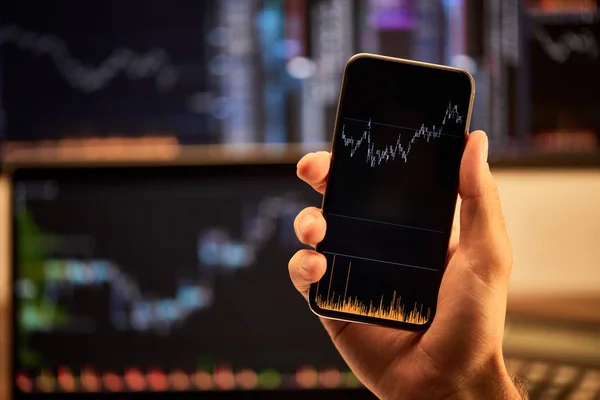 Cropped View Man Holding Smartphone Graphs Charts — Stock Photo, Image