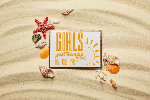 Top View Placard Girls Just Wanna Have Sun Lettering Seashells — Stock Photo, Image