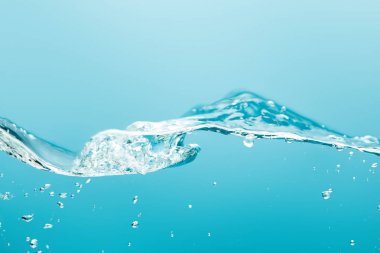 transparent pure water with splash and bubbles on blue background clipart