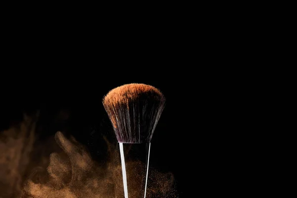 Cosmetic Brush Colorful Golden Powder Black Background — Stock Photo, Image