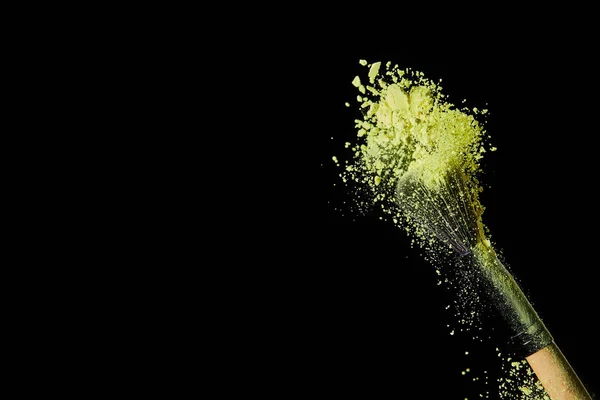 Cosmetic Brush Yellow Powder Explosion Black Background — Stock Photo, Image