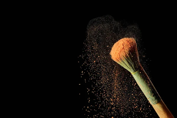 Cosmetic Brush Colorful Orange Powder Black Background — Stock Photo, Image