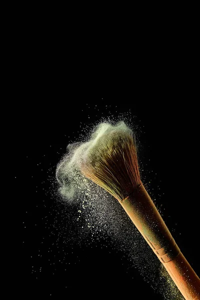 Cosmetic Brush Yellow Colorful Scattering Powder Black Background — Stock Photo, Image