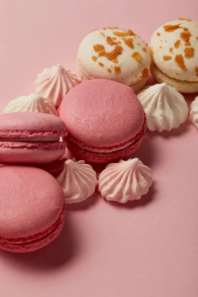 Tasty French Macaroons Meringues Pink Background — Stock Photo, Image
