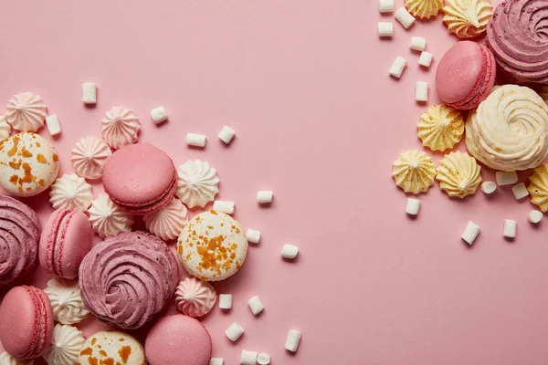 Smashed Delicious Sweet Meringues Macaroons Small Marshmallows Pieces Pink Background — Stock Photo, Image