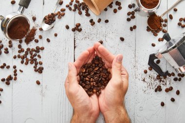 Top view of male hands with coffee beans under white wooden surface with spoons, paper cup, portafilter and geyser coffee maker clipart