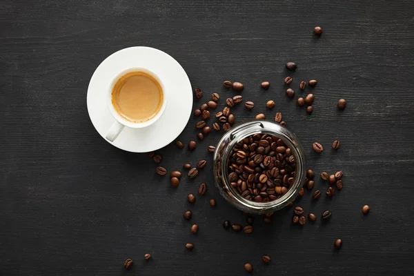 Top Utsikt Över Vit Kopp Kaffe Fat Nära Glasburk Med — Stockfoto