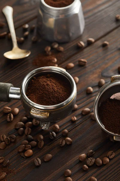 Portafilters Geyser Coffee Maker Spoon Dark Wooden Surface — Stock Photo, Image