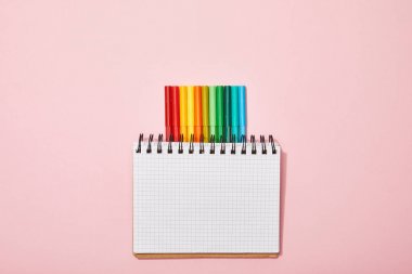 pembe üzerine izole edilmiş boş dizüstü bilgisayarın yanında çok renkli keçeli kalemlerin üst görünümü