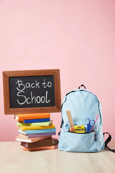Blue Backpack Supplies Pocket Chalkboard Back School Lettering Books Isolated — Stock Photo, Image