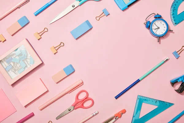 Flat Lay Blue School Supplies Copy Space Isolated Pink — Stock Photo, Image