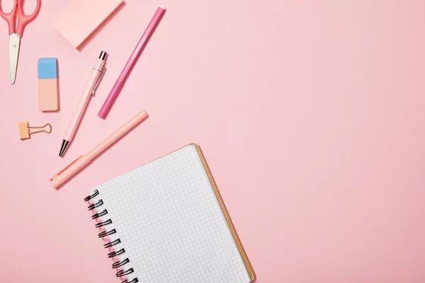 Top View Scattered School Supplies Blank Notebook Isolated Pink — Stock Photo, Image