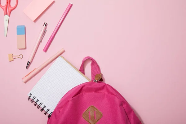 Top View Scattered School Supplies Blank Notebook Backpack Isolated Pink — Stock Photo, Image