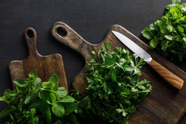 Top view of brown wooden cutting boards with parsley, cilantro and peppermint bundles with knife on dark surface