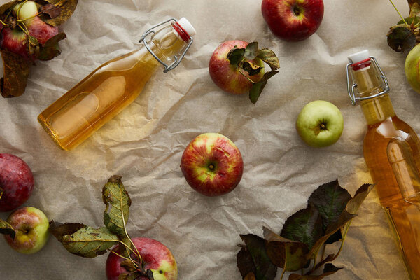 top view of bottles with cider near scattered apples