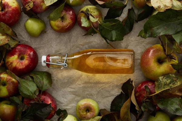 Top View Bottle Cider Apples Parchment Paper Copy Space — Stock Photo, Image