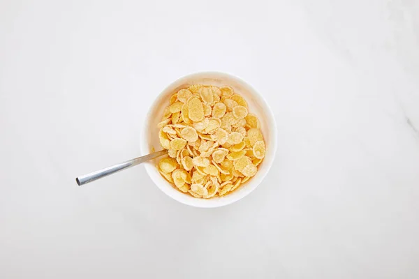 Top View Bowl Cornflakes Spoon White Marble Surface — Stock Photo, Image