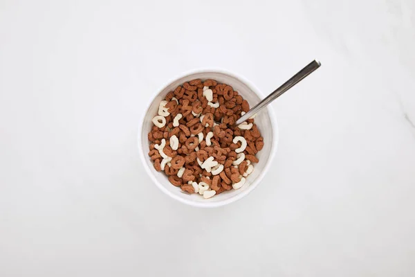 Top View Bowl Chocolate White Cereal Spoon Marble Surface — Stock Photo, Image