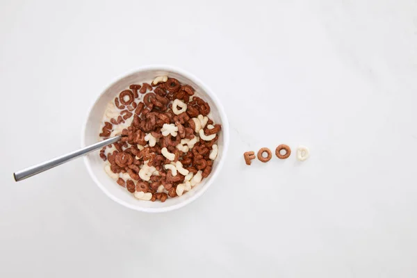 Vista Superior Inscrição Alimentos Cereais Perto Tigela Superfície Mármore — Fotografia de Stock