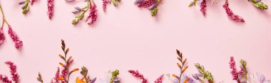panoramic shot of fresh wildflowers on pink background with copy space clipart
