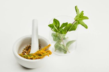 mortar and pestle with herbal mix near glass with fresh mint on white background clipart