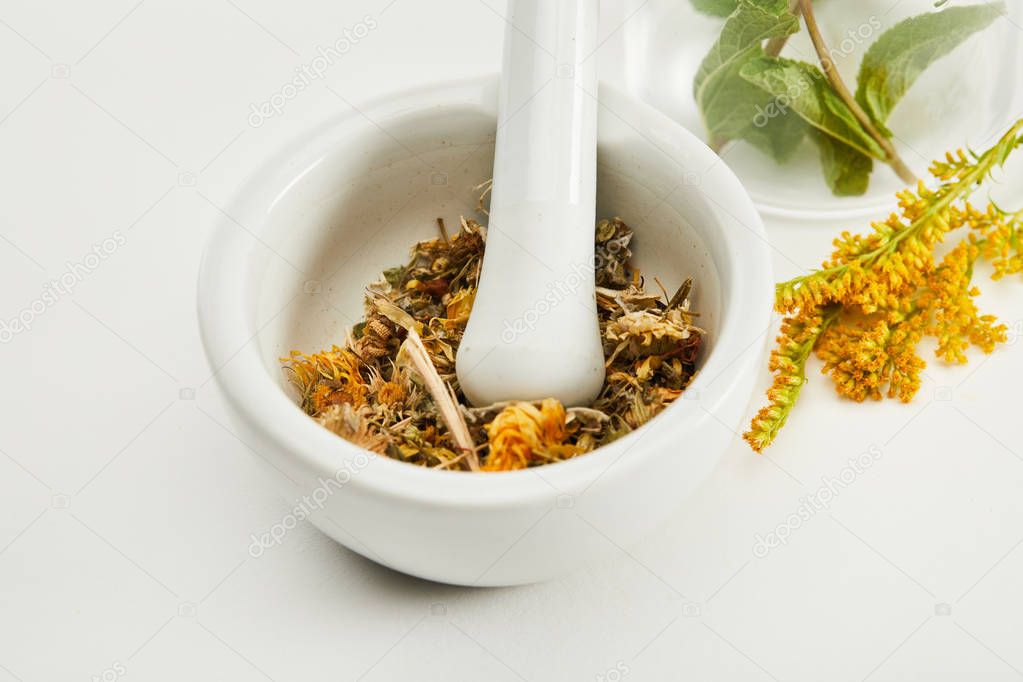mortar and pestle with herbal mix near goldenrod twig on white background