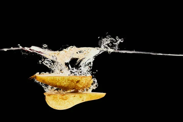 Sweet Pear Halves Falling Deep Water Splash Isolated Black — Stock Photo, Image